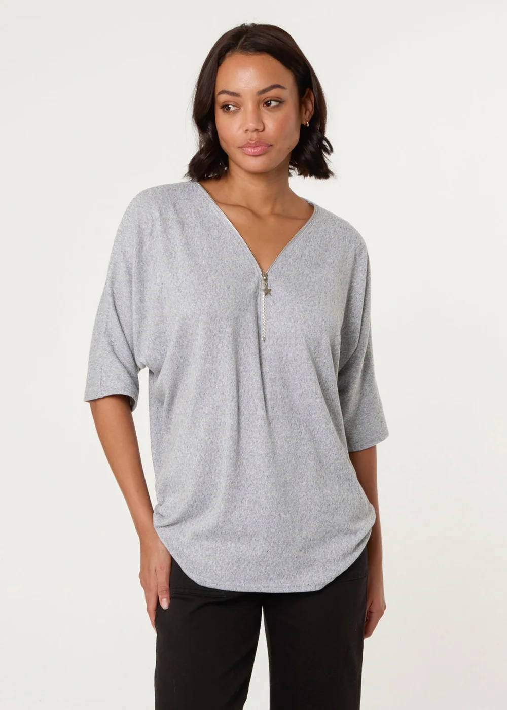 Blue Vanilla Grey Plain Half Zip Top - S/M Image 1