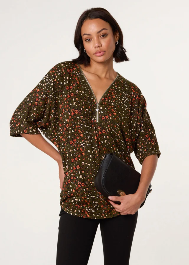 Blue Vanilla Khaki Printed Zip Front Top