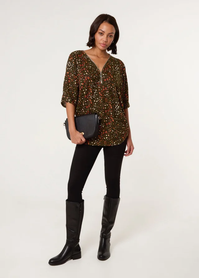 Blue Vanilla Khaki Printed Zip Front Top
