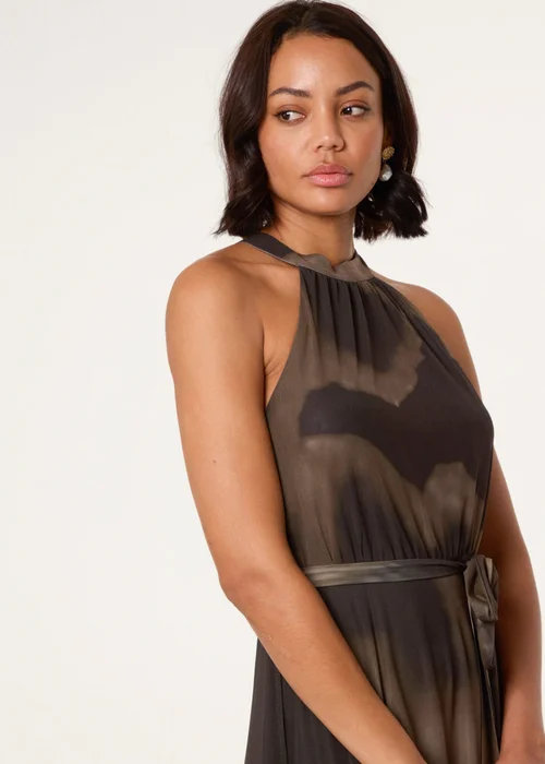 Blue Vanilla Brown Printed Mesh Halter Neck Belted Maxi Dress - M Image 2