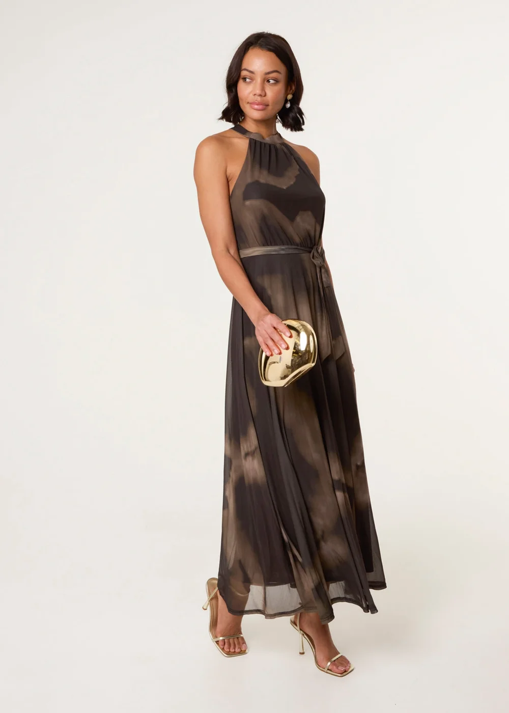 Blue Vanilla Brown Printed Mesh Halter Neck Belted Maxi Dress Blue Vanilla Brown Printed Mesh Halter Neck Belted Maxi Dress