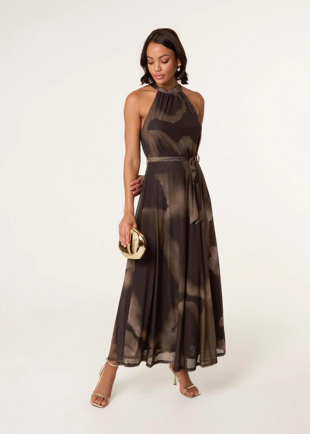 Blue Vanilla Brown Printed Mesh Halter Neck Belted Maxi Dress - M Image 3