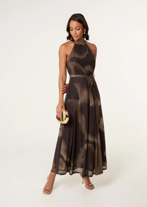 Blue Vanilla Brown Printed Mesh Halter Neck Belted Maxi Dress - M Image 3