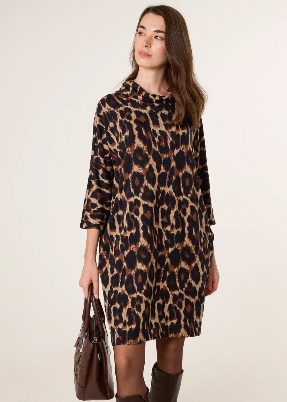 Blue Vanilla Brown Leopard Print Draped Cowl Neck Tunic Dress - S/M Image 1