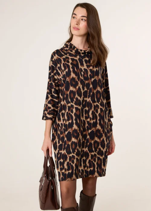 Blue Vanilla Brown Leopard Print Draped Cowl Neck Tunic Dress - S/M Image 1