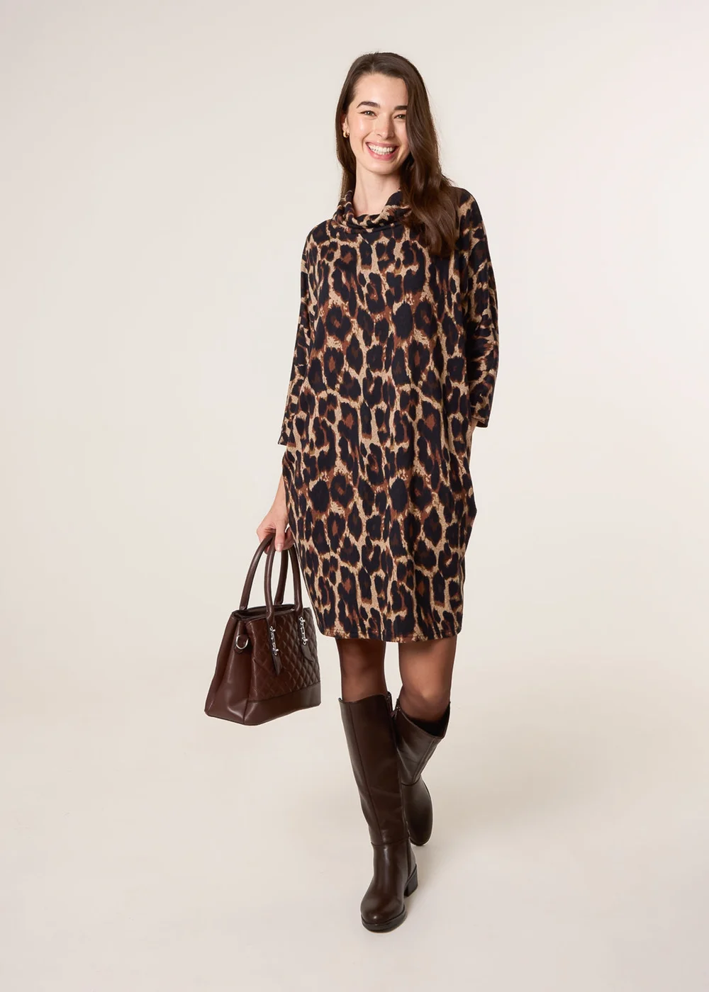 Blue Vanilla Brown Leopard Print Draped Cowl Neck Tunic Dress - S/M Image 3