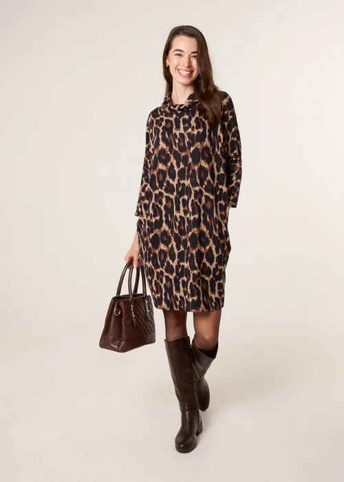 Blue Vanilla Brown Leopard Print Draped Cowl Neck Tunic Dress - S/M Image 3