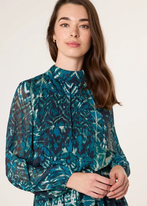 Blue Vanilla Turquoise Watercolour Paisley Puffball High Neck Midi Dress - 20 Image 2