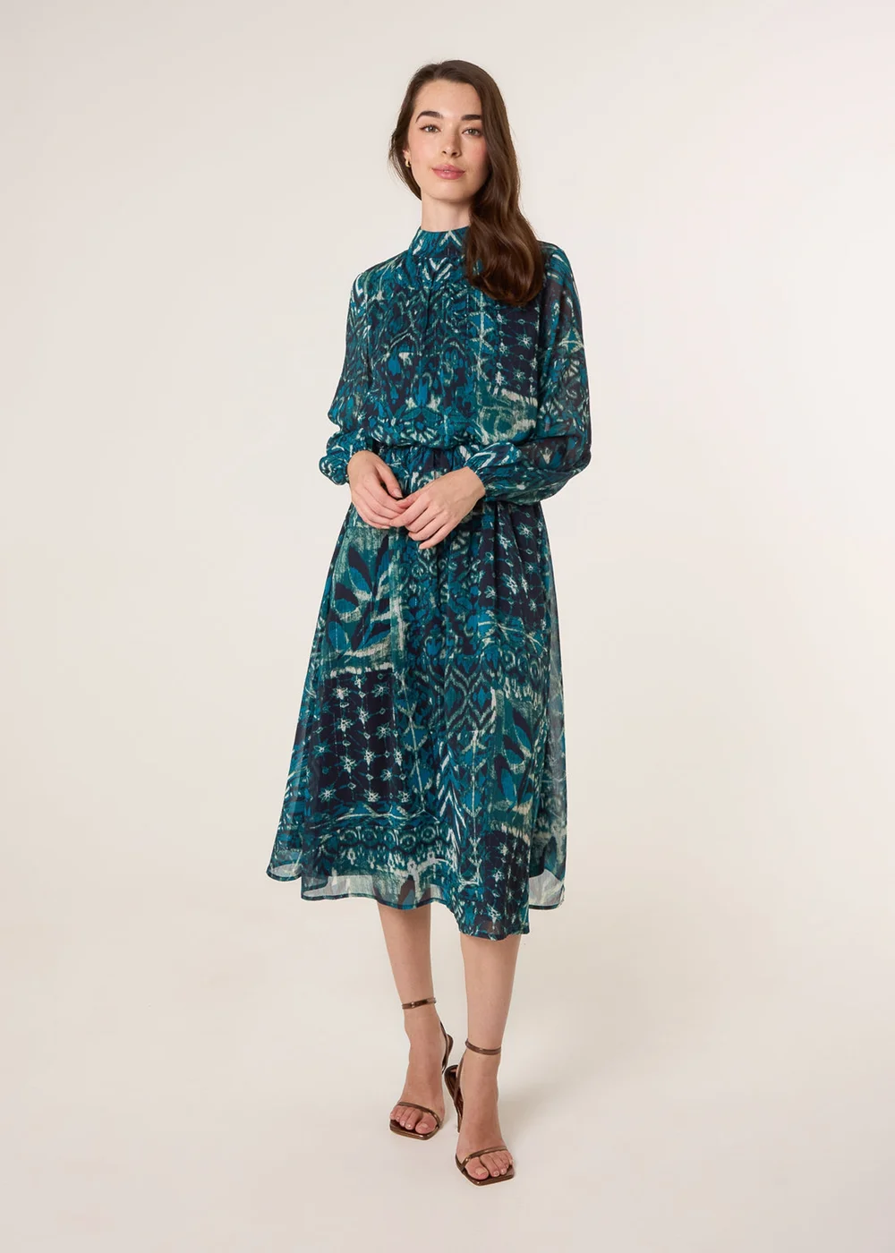 Blue Vanilla Turquoise Watercolour Paisley Puffball High Neck Midi Dress - 20 Image 1