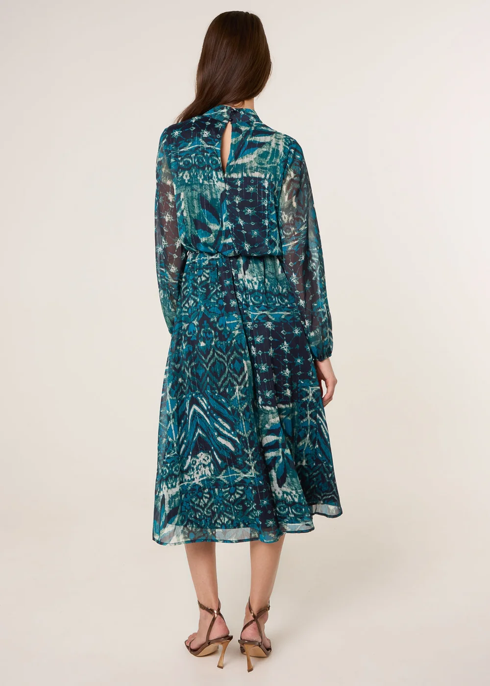 Blue Vanilla Turquoise Watercolour Paisley Puffball High Neck Midi Dress - 20 Image 4