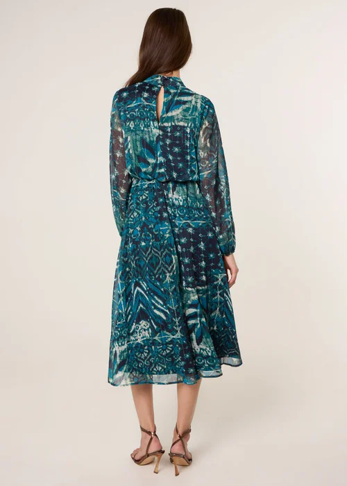 Blue Vanilla Turquoise Watercolour Paisley Puffball High Neck Midi Dress - 20 Image 4