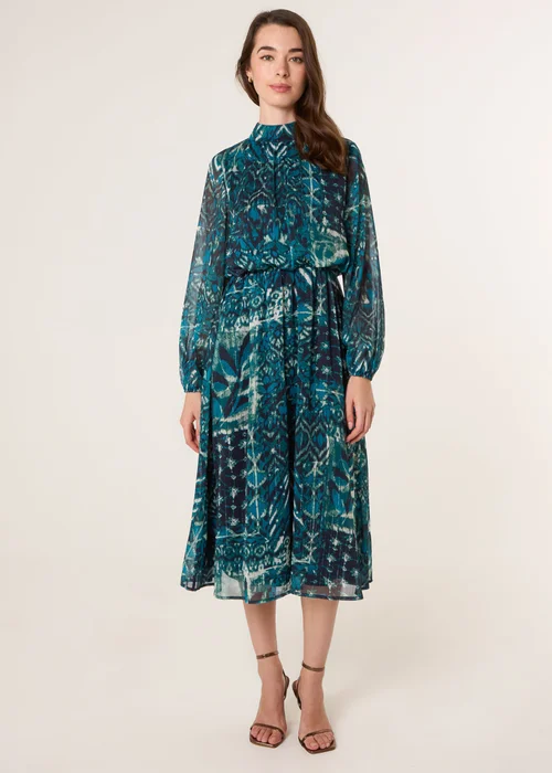 Blue Vanilla Turquoise Watercolour Paisley Puffball High Neck Midi Dress - 20 Image 3
