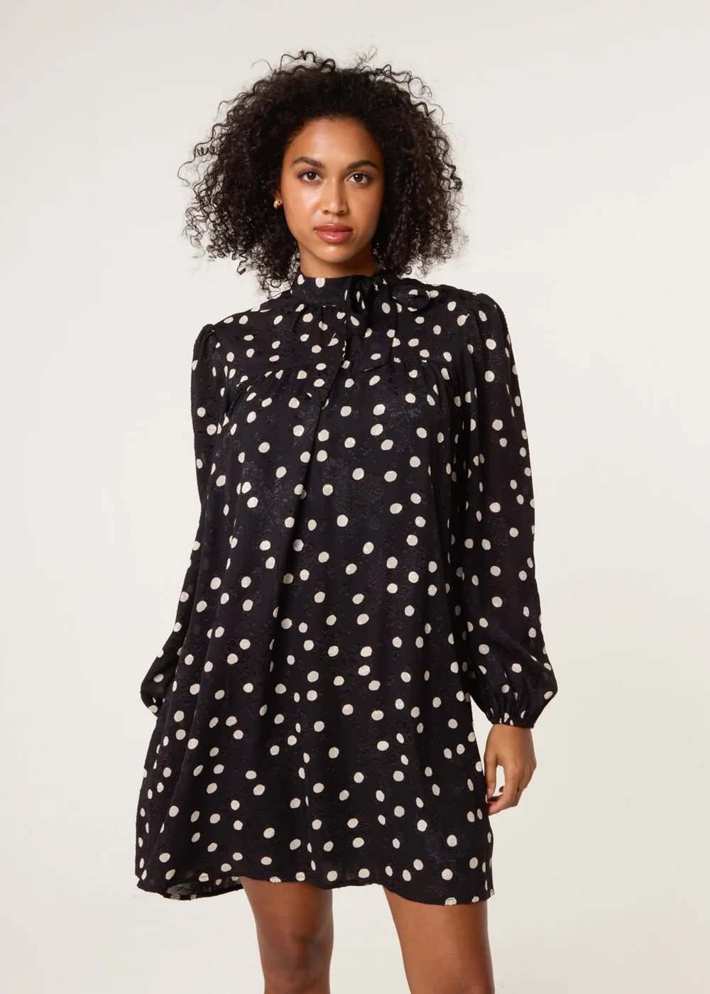 Blue Vanilla Black Polka Dot Tie Neck Smock Dress - 14 Image 1