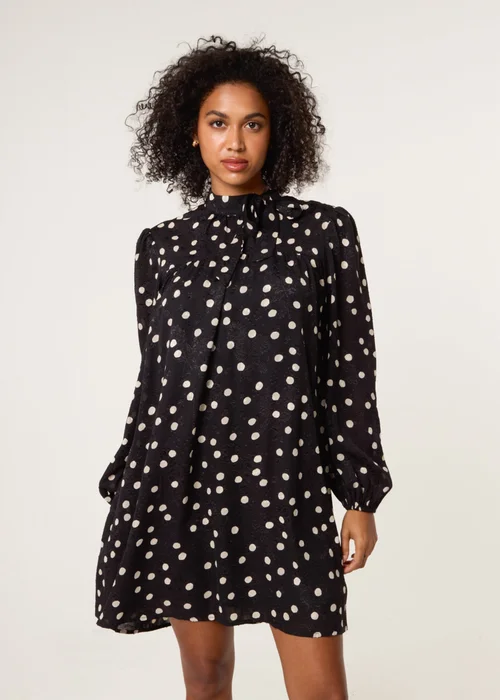 Blue Vanilla Black Polka Dot Tie Neck Smock Dress - 14 Image 1