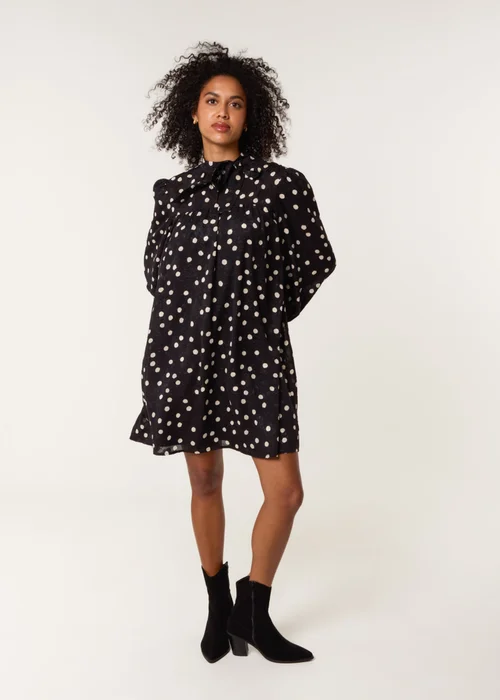 Blue Vanilla Black Polka Dot Tie Neck Smock Dress - 14 Image 2