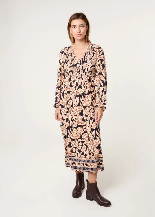 Blue Vanilla Navy V Neck Shirred Border Print Midi Dress - M/L Image 3