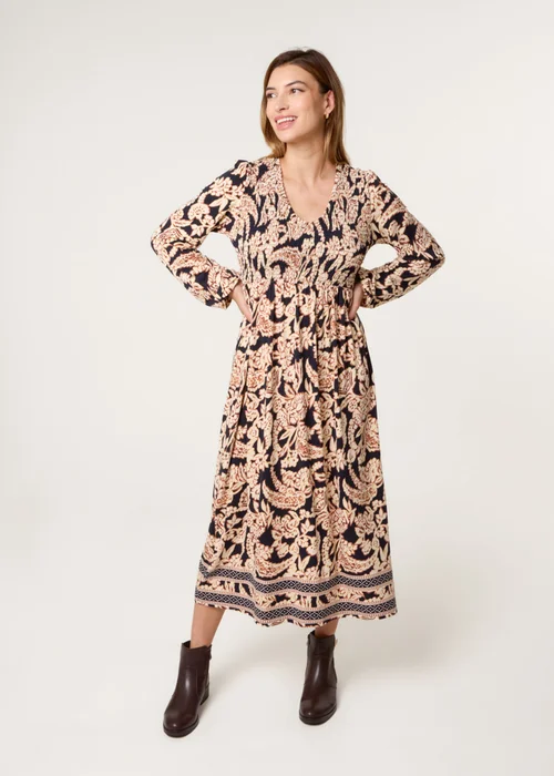 Blue Vanilla Navy V Neck Shirred Border Print Midi Dress - M/L Image 1