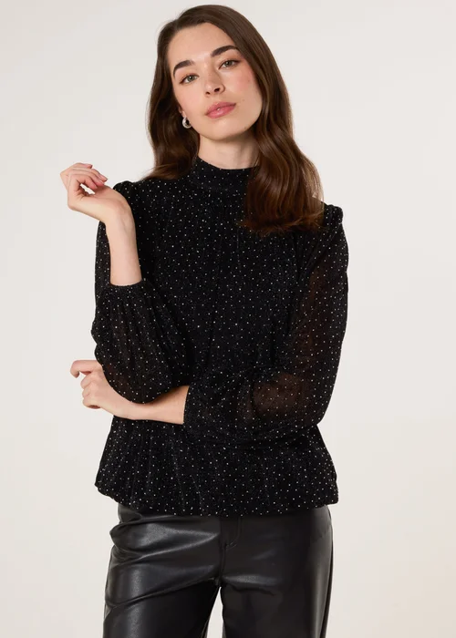 Blue Vanilla Black Rhinestone Shoulder Pad Puffball Blouse - S Image 1