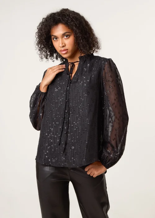 Blue Vanilla Black Jacquard Button And Tie Front Blouse - 10 Image 1