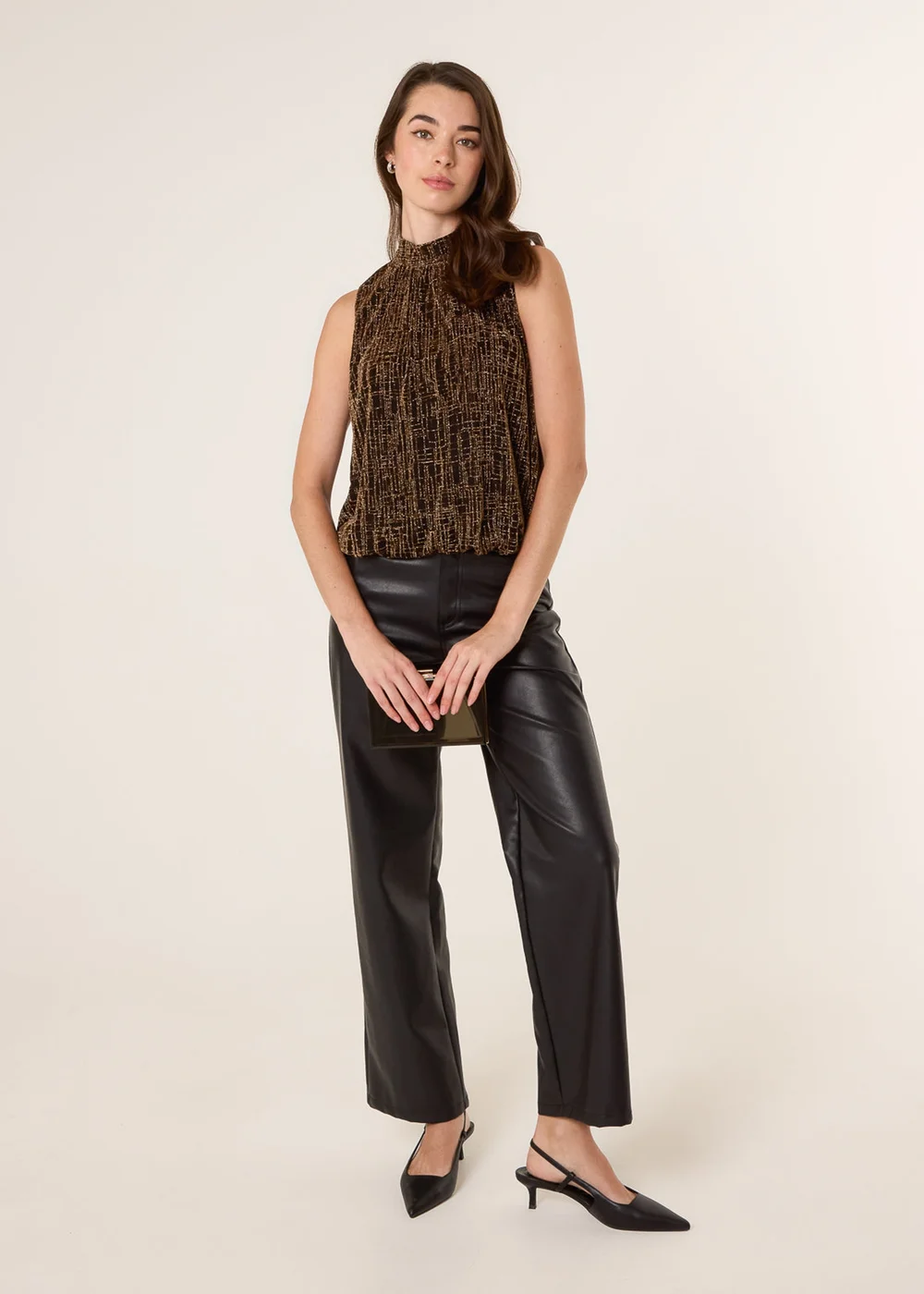 Blue Vanilla Gold High Neck Shimmery Puffball Sleeveless Blouse - S Image 2