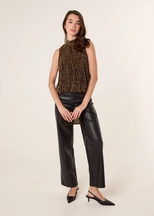 Blue Vanilla Gold High Neck Shimmery Puffball Sleeveless Blouse - S Image 2