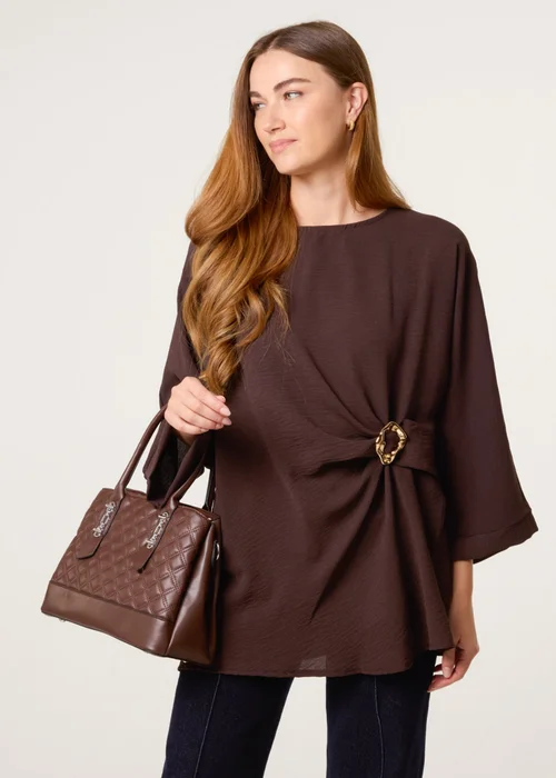 Blue Vanilla Brown Detail Side Gathered Blouse - S/M Image 1