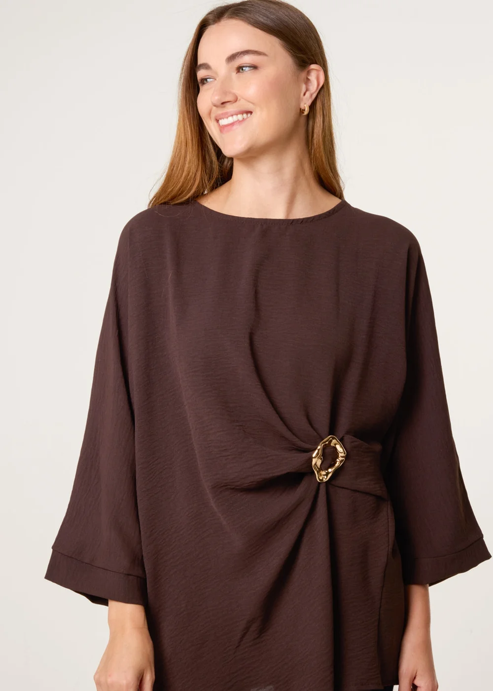 Blue Vanilla Brown Detail Side Gathered Blouse - S/M Image 3