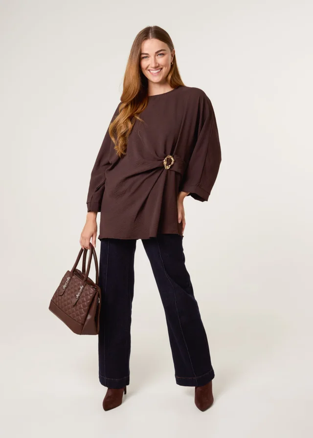 Blue Vanilla Brown Detail Side Gathered Blouse