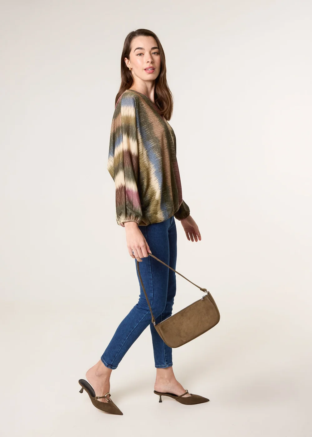 Blue Vanilla Khaki Printed Round Neck Long Sleeve Top - One Size Image 2