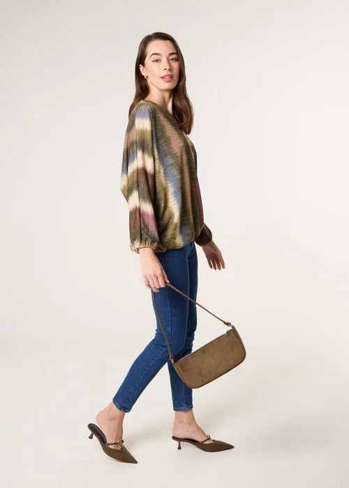 Blue Vanilla Khaki Printed Round Neck Long Sleeve Top - One Size Image 2