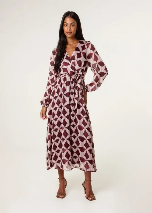 Blue Vanilla Burgundy Geometric Metallic Wrap Maxi Dress - L Image 3