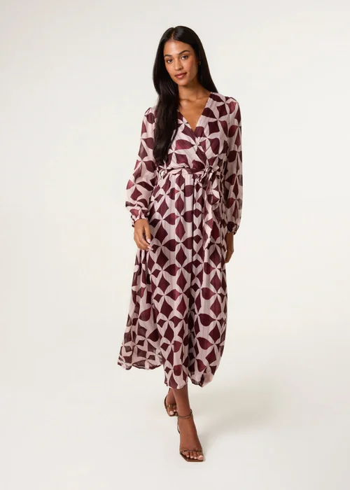 Blue Vanilla Burgundy Geometric Metallic Wrap Maxi Dress - L Image 1