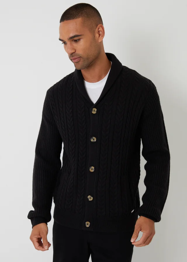 Threadbare Black Cable Knit Shawl Collar Cardigan With Wool