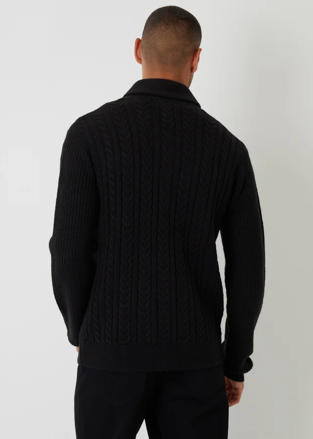 Threadbare Black Cable Knit Shawl Collar Cardigan With Wool