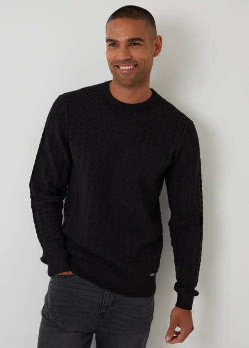 Threadbare Black Cable Knit Crew Neck Jumper - M Image 1