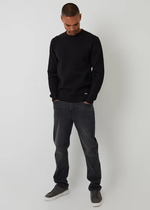 Threadbare Black Cable Knit Crew Neck Jumper - M Image 3