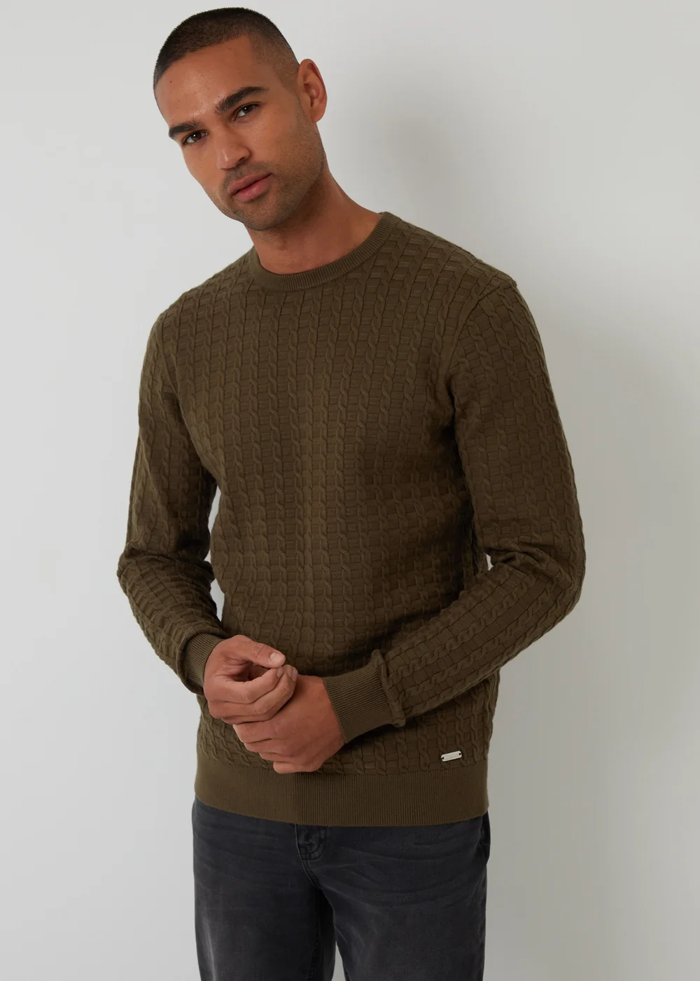 Threadbare Khaki Cable Knit Crew Neck Jumper - L Image 1