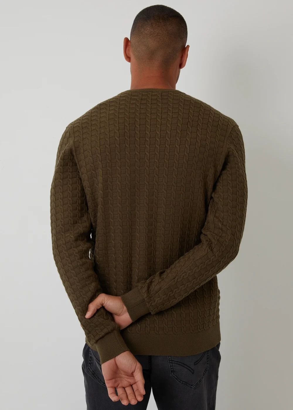 Threadbare Khaki Cable Knit Crew Neck Jumper - L Image 2