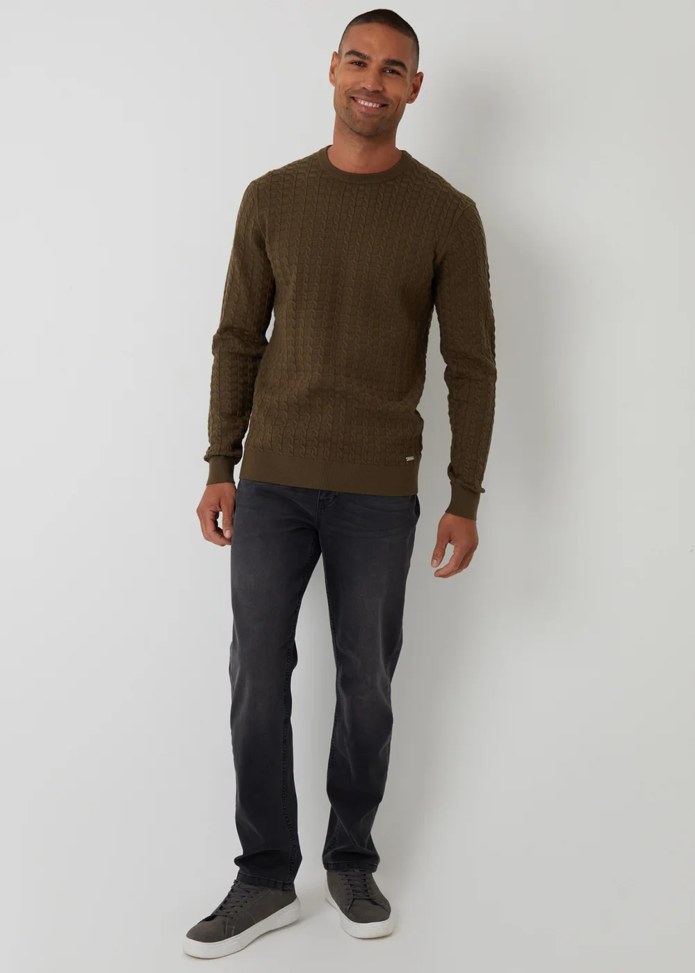 Threadbare Khaki Cable Knit Crew Neck Jumper - L Image 3