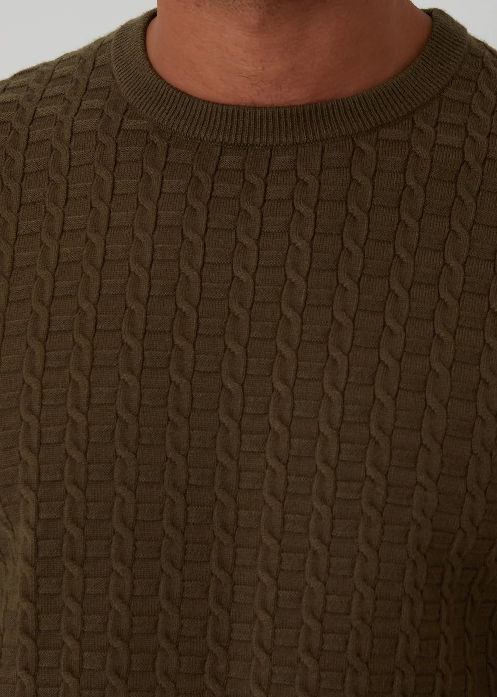 Threadbare Khaki Cable Knit Crew Neck Jumper - L Image 4