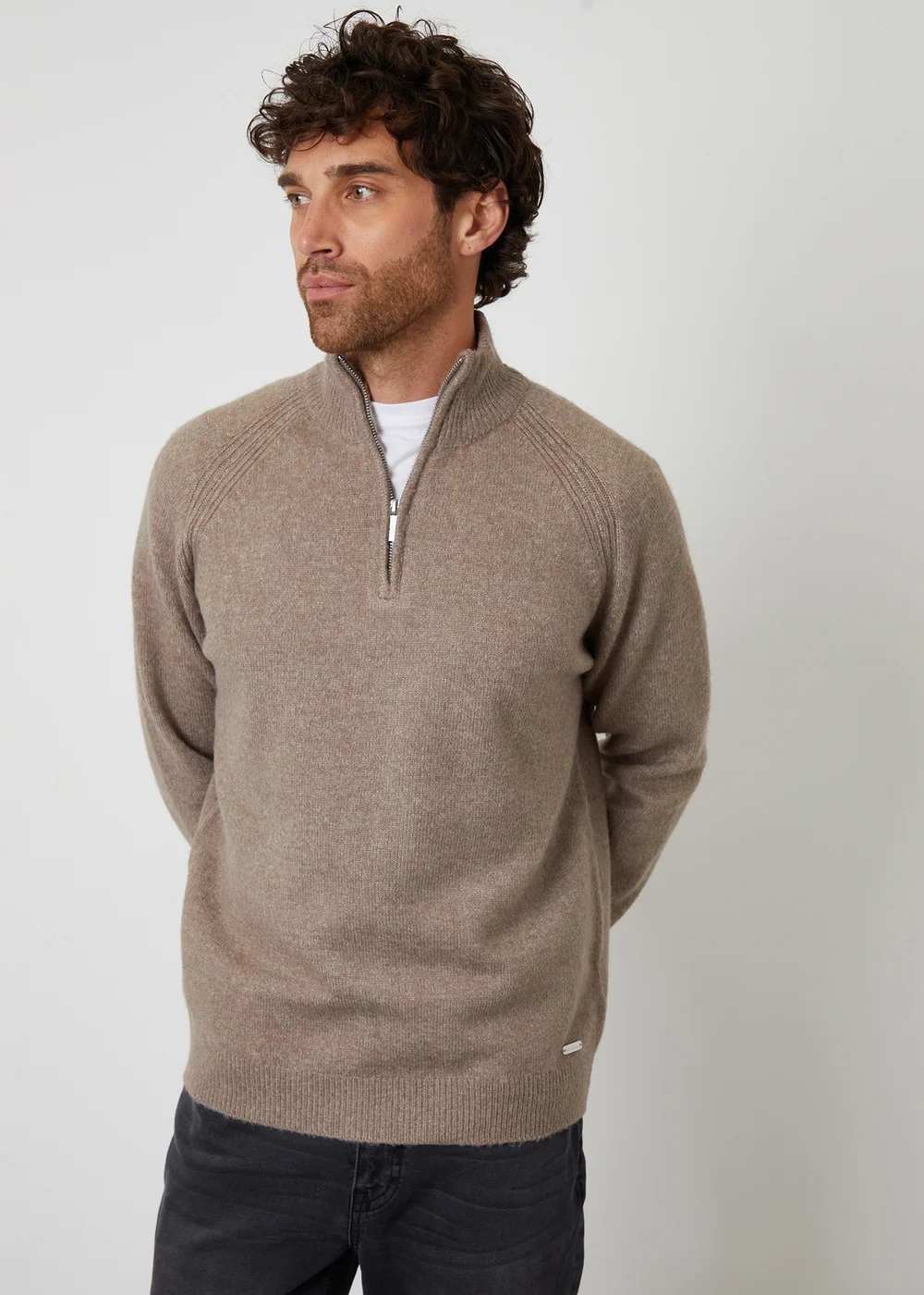 Threadbare Taupe Raglan Rib Quarter Zip Knitted Jumper - S Image 1
