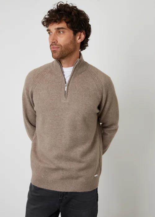 Threadbare Taupe Raglan Rib Quarter Zip Knitted Jumper - S Image 1