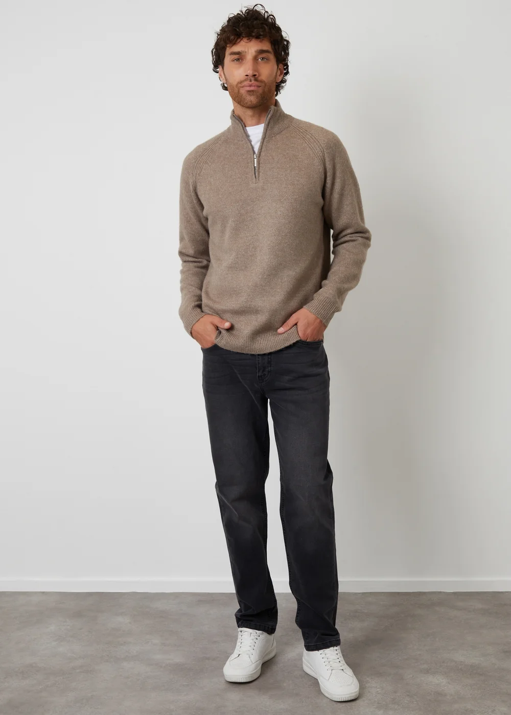 Threadbare Taupe Raglan Rib Quarter Zip Knitted Jumper - S Image 3