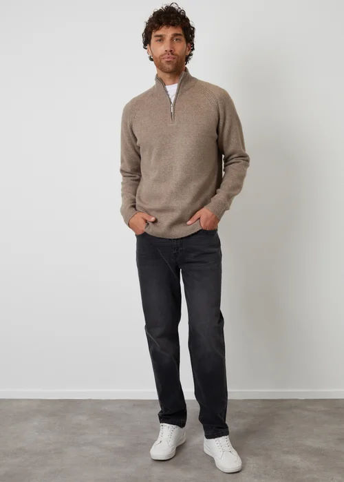 Threadbare Taupe Raglan Rib Quarter Zip Knitted Jumper - S Image 3
