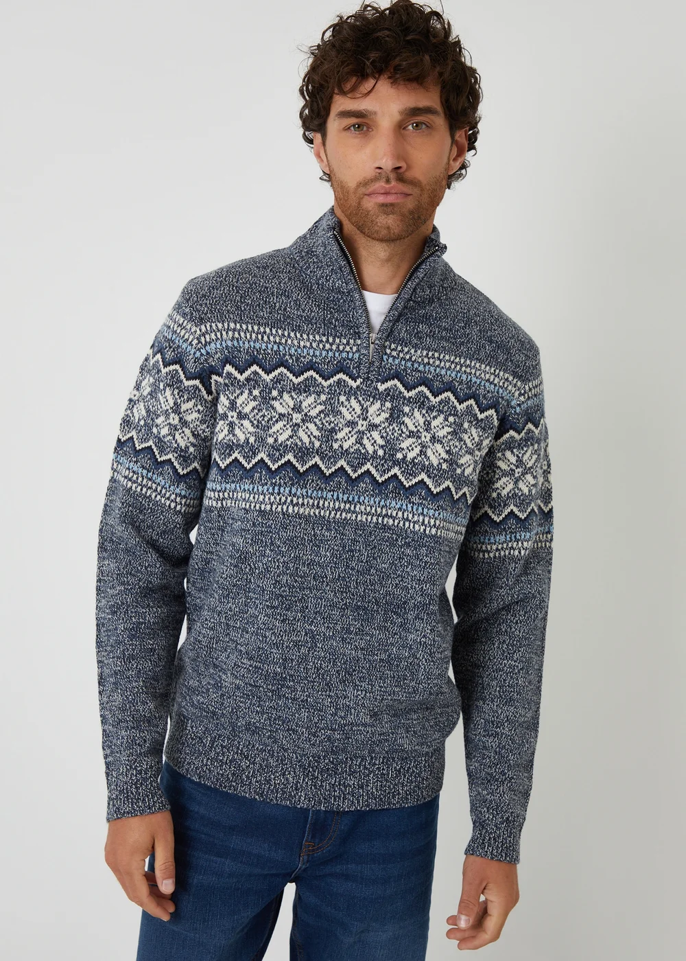 Threadbare Navy Fairisle Knitted Quarter Zip Jumper - M Image 1