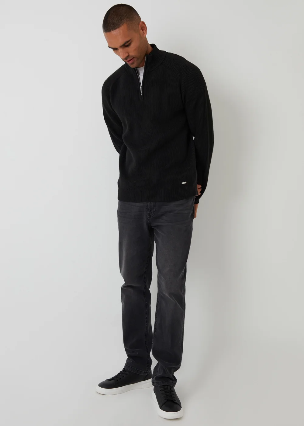 Threadbare Black Cotton Blend Rib Panel Quarter Zip Knitted Jumper - S Image 3