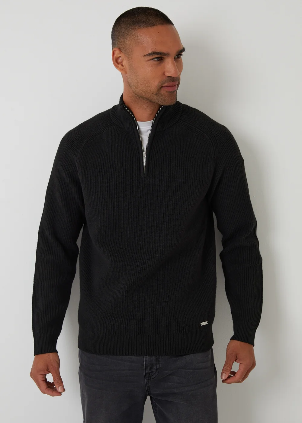 Threadbare Black Cotton Blend Rib Panel Quarter Zip Knitted Jumper - S Image 1