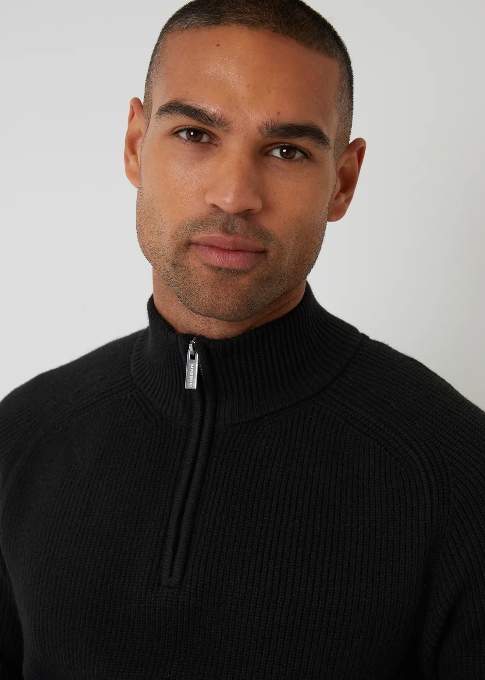 Threadbare Black Cotton Blend Rib Panel Quarter Zip Knitted Jumper - S Image 4