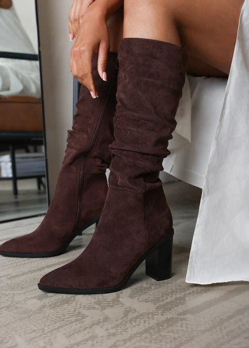 Where's That From Primrose Dark Brown Faux Suede Block Heel Boots - 5 Image 2