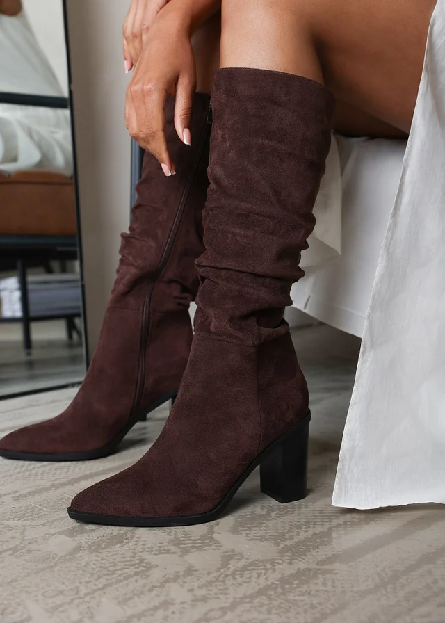 Where's That From Primrose Dark Brown Faux Suede Block Heel Boots
